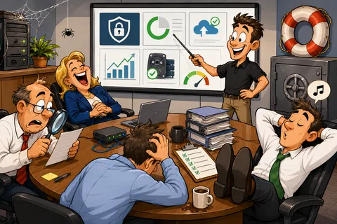 Office team reacting to data presentation on cybersecurity and cloud storage success with mixed emotions around a round table.
