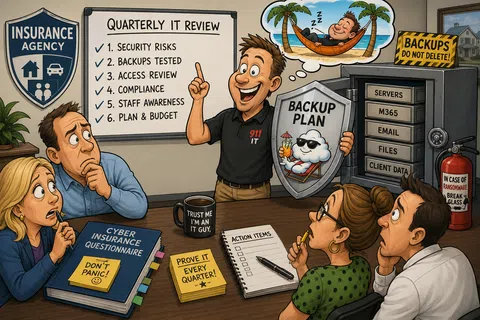 IT team reviewing quarterly security checklist with a backup plan, cyber insurance, and ransomware precautions in an office meeting.