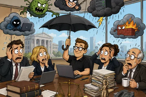 Calm man with umbrella shields worried colleagues from threats like virus, hacker, phishing, server crash, and firewall breach.