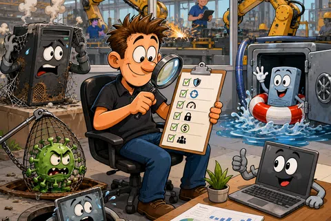 Cartoon man inspecting checklist in factory with happy laptop and secure hard drive versus stressed computer and virus threats.