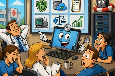 Doctors in a hospital meeting with a cheerful computer discussing data security and performance icons on a screen.