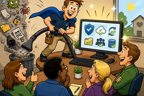 Cartoon of a man vacuuming digital threats into a trash can while a team watches a secure computer screen with approval.