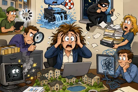Overwhelmed office workers face tech failures, data loss, and a nighttime burglary causing chaos and stress in workspace.