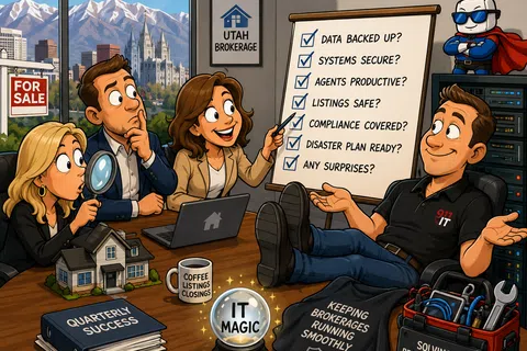 Real estate agents and IT expert discuss brokerage security and productivity with a checklist and IT tools in the office.