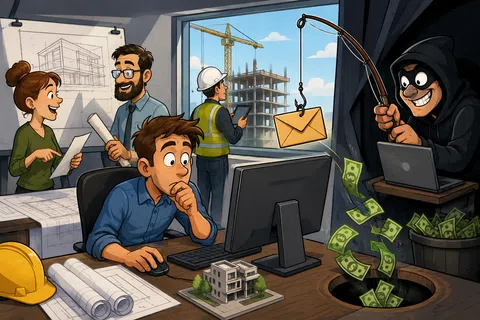 Hacker phishing with envelope on fishing rod to steal money from office workers planning construction project.