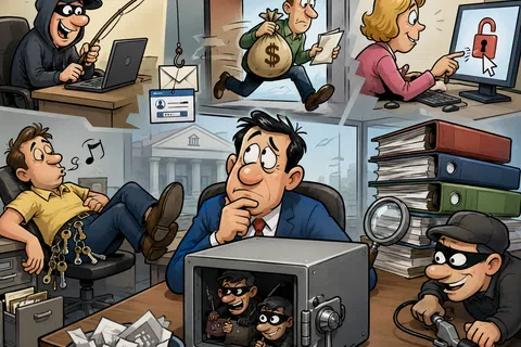 Cartoon showing various office security threats like phishing, theft, unlocked data, and careless employees at work.