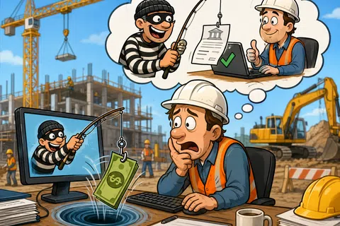 Construction worker worried about phishing scam stealing money while working on a building site with machinery and cranes.