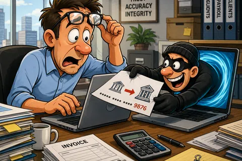 Cartoon showing shocked man at desk with laptop while thief steals bank info through laptop screen in office.