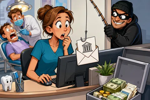 A dental office worker reacts to a phishing email bait while a thief with a fishing rod tries to steal money from a cash box.