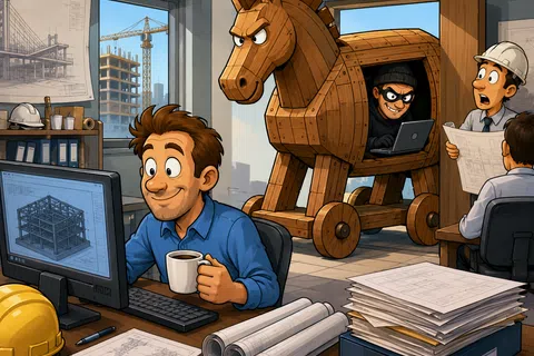 Cartoon office shows an engineer unaware of a hacker hiding inside a Trojan horse in the background with construction blueprints.
