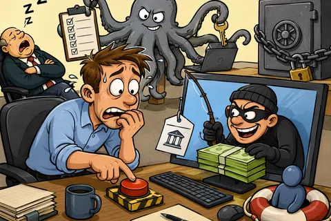 Nervous man pressing red button as hacker steals money online with octopus holding checklist and sleeping man behind.