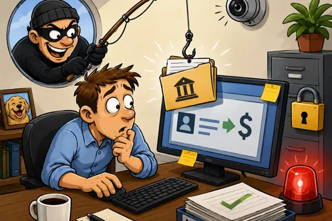 Man at computer shocked by phishing scam stealing banking credentials with fishing hook, alarm flashing.