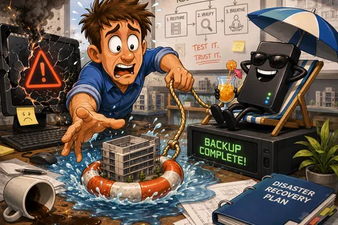 Stressed man saves building from flood while relaxed device signals backup complete under disaster recovery plan.