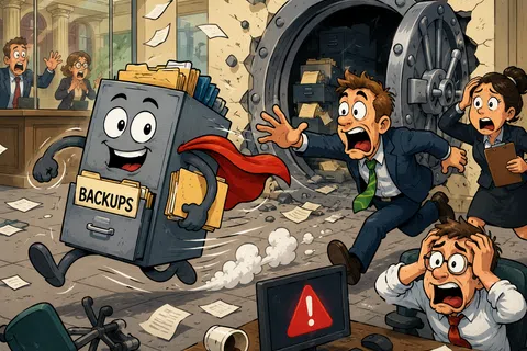 Animated file cabinet labeled backups with cape running from bank vault as shocked office workers watch in panic.