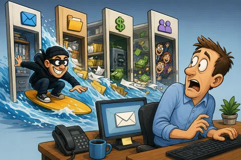 Cartoon hacker surfing waves of data, money, and contacts bursting from office folders while man looks shocked at computer.