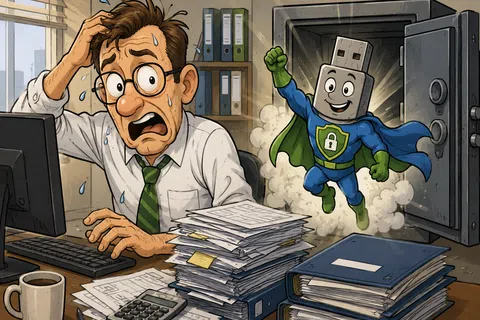 Stressed office worker sweats while a superhero USB emerges from a safe symbolizing data security and protection.