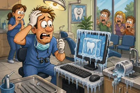 Cartoon dentist panics as his dental office freezes over with icicles and visitors look shocked through the window.