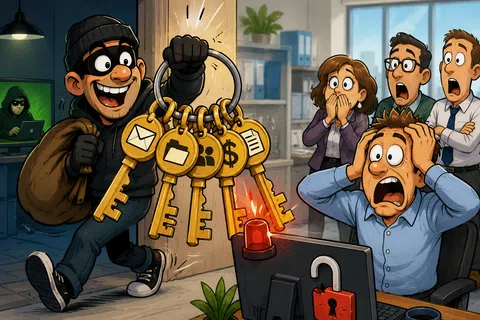 Cartoon hacker with keys for email, files, contacts, money, and docs alarm shocked office workers and locked computer.