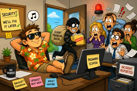 Relaxed employee neglects security while a thief steals client financial data, causing alarm and an incident report.