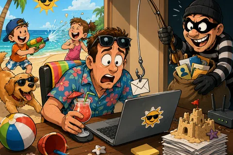 A man at his laptop distracted by family playing on the beach while a thief uses phishing to steal data from his computer.