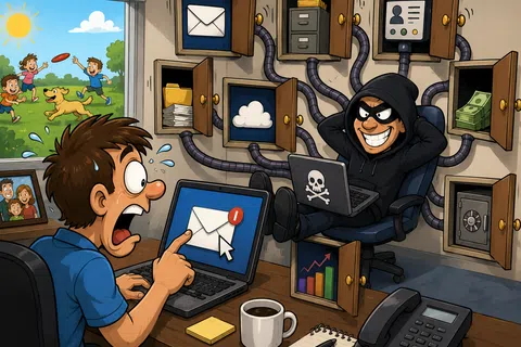 Man shocked at laptop with suspicious hacker stealing data through open digital lockers behind him.
