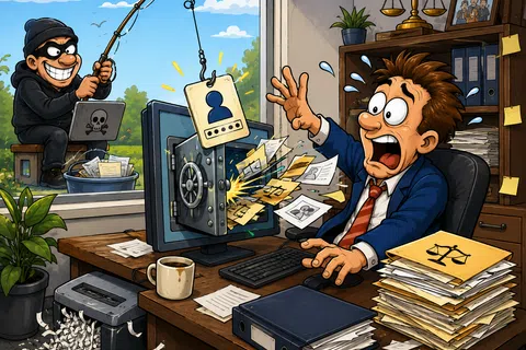 Cartoon hacker phishing sensitive data from a shocked man’s computer with files and passwords flying out in an office.