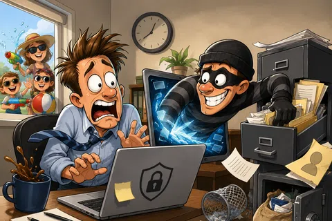 Scared man at desk as a masked hacker emerges from laptop stealing files and data from office cabinet.
