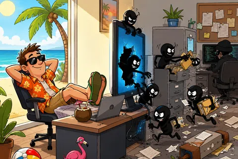 Man relaxes on beach chair indoors while black malware creatures steal files through a hacked computer screen.