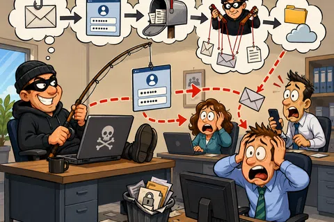 Cybercriminal using phishing and manipulation to steal data from terrified office workers at their computers.