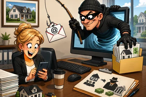 Cartoon thief phishing email from computer screen to steal real estate documents and money from unsuspecting woman.