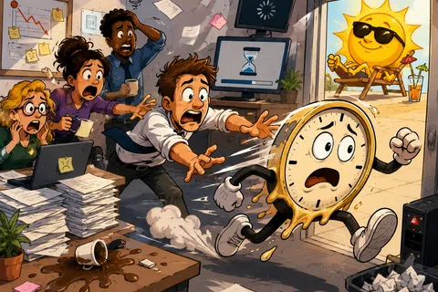 Animated clock running away from stressed office workers while the sun relaxes outside on a beach chair.