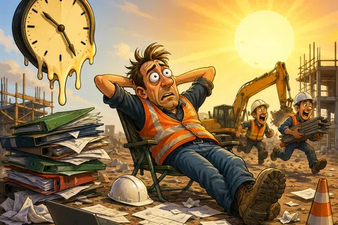 Stressed construction worker relaxing under melting clock while colleagues rush on hot, busy worksite with paperwork and equipment.