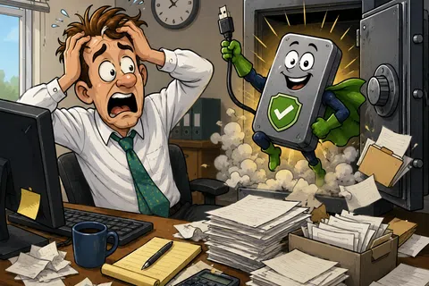 Stressed man at cluttered desk surprised by a superhero external hard drive emerging from a safe with a USB plug.