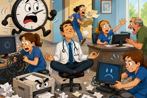 Busy medical office with stressed staff, angry printer, sad computer screen, and a calm doctor meditating amid chaos.
