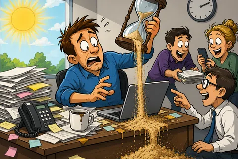 Frustrated man spills hourglass sand on his desk piled with papers as coworkers laugh nearby in bright office.