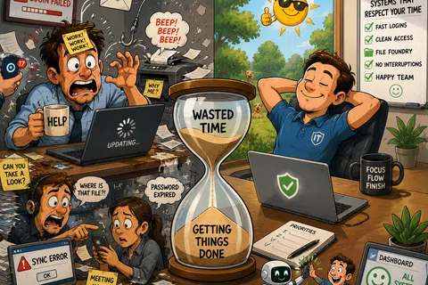 Contrasting chaotic work stress with calm efficient workflow and an hourglass labeled wasted time and getting things done.