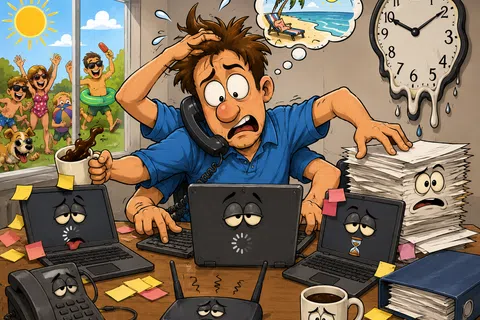 Stressed man multitasking at cluttered desk with overloaded laptops and phone, dreaming of sunny vacation at beach.