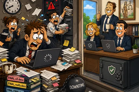 Stressed office workers surrounded by papers face downtime while another room shows relaxed employees with secure, efficient systems.