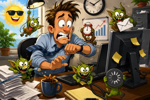 Stressed man at cluttered desk with mischievous green goblins causing chaos and a sunny window outside.