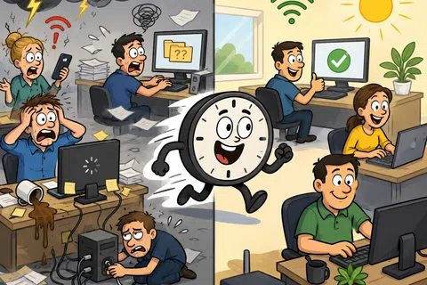 Illustration contrasting chaotic slow internet with calm fast WiFi office, featuring a happy running clock mascot.