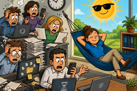 Stressed office workers overwhelmed with work contrast with a relaxed woman lounging in a hammock under a smiling sun with sunglasses.