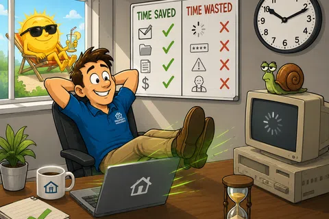 Relaxed man at desk with laptop showing time saved versus time wasted, sunny window scene, and slow computer with snail.