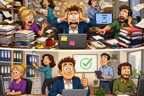 Split image showing a chaotic cluttered office with stressed workers vs an organized office with calm, productive employees.