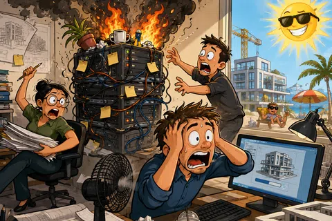 Three stressed workers react to a server on fire in an office while the sun shines outside on a summer day.