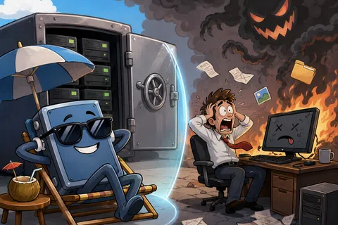 Cartoon showing a relaxed server protected behind a shield while a stressed man faces a computer disaster with fire and smoke.