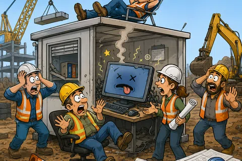 Construction workers panic around a broken computer smoking inside a site office while one worker relaxes on the roof.