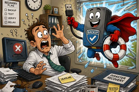 Cartoon of a stressed man at a messy desk relieved by superhero hard drive breaking through window to save data.