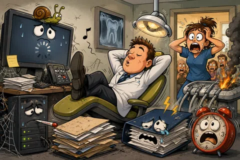 Cartoon dentist relaxing while office chaos erupts with broken equipment and worried patients in background.
