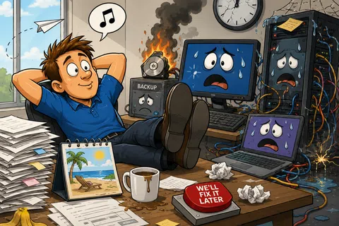 Relaxed man ignoring burning server room chaos with stressed computers and a 'We'll fix it later' button on desk.