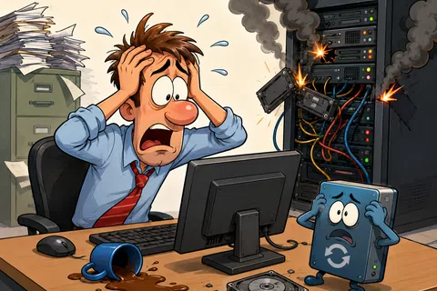 Stressed man at a desk with spilled coffee, broken hard drive, and smoking server rack sparking in the background.